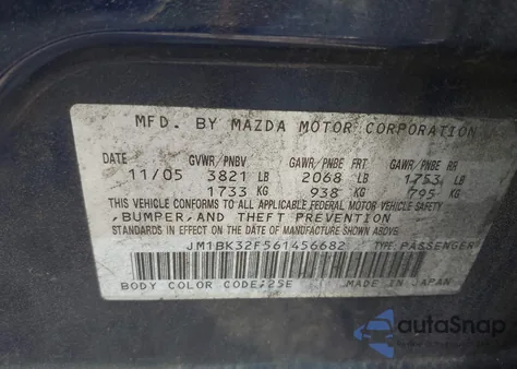 2006 Mazda Mazda3 I from USA, damaged, VIN JM1BK32F561456682
